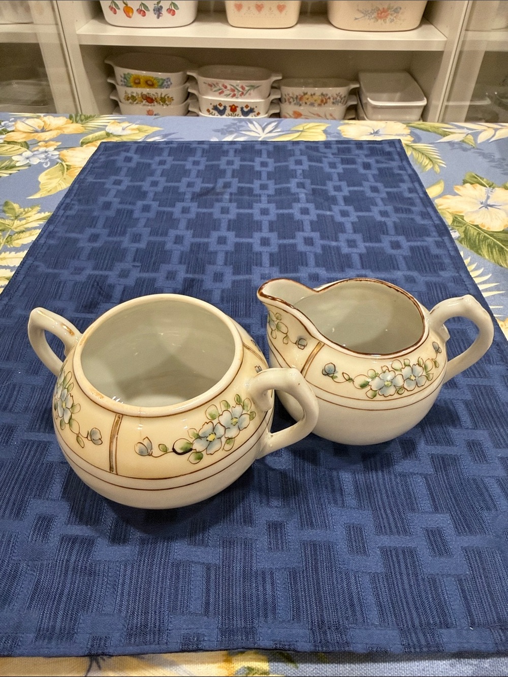 Ceramic Floral Creamer and Sugar Set - Blue Floral Accent
